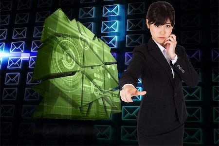 simsearch:614-02985267,k - Thoughtful businesswoman pointing against glowing envelopes on black background Stock Photo - Budget Royalty-Free & Subscription, Code: 400-07339896