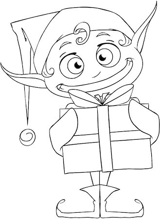 simsearch:400-06462885,k - Vector illustration coloring page of a Christmas elf holding a present and smiling. Stock Photo - Budget Royalty-Free & Subscription, Code: 400-07332391
