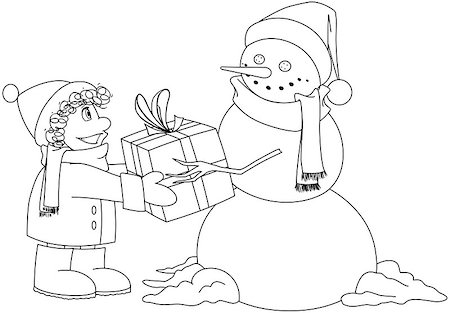 simsearch:400-06462885,k - Vector illustration coloring page of a snowman giving a present to a child for Christmas. Stock Photo - Budget Royalty-Free & Subscription, Code: 400-07332393