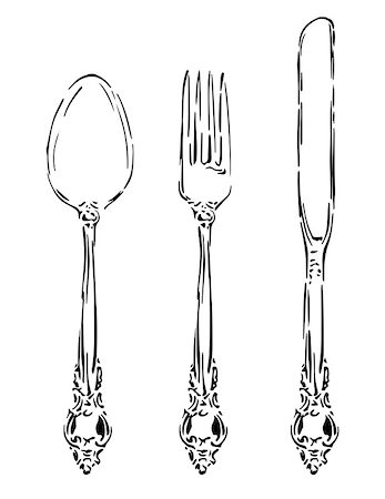 simsearch:400-06076985,k - Vintage silverware is hand drawn and live traced. Fills and outlines are separate groups, colors can be changed easily. Stock Photo - Budget Royalty-Free & Subscription, Code: 400-07332822