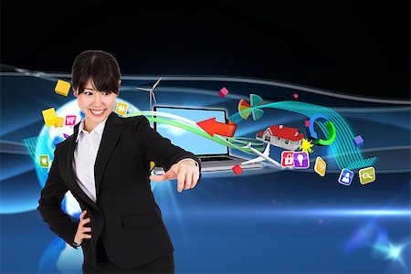 simsearch:400-07346325,k - Smiling businesswoman pointing against digital earth background Foto de stock - Super Valor sin royalties y Suscripción, Código: 400-07344545