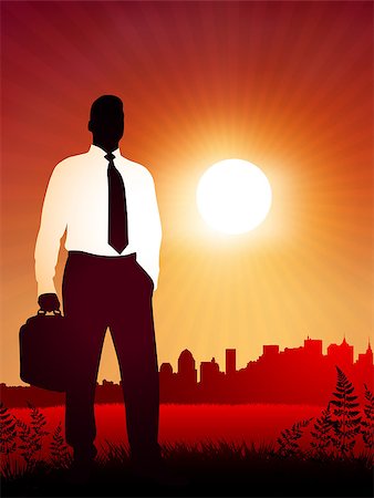 Traveling Businessman on sunset background Original Vector Illustration Business People on Sunset Background Stock Photo - Budget Royalty-Free & Subscription, Code: 400-07408868