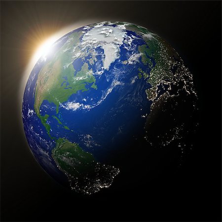 realistic earth - Sunset over North America on blue planet Earth. High detail planet surface with city lights. Elements of this image furnished by NASA. Stock Photo - Budget Royalty-Free & Subscription, Code: 400-07409858