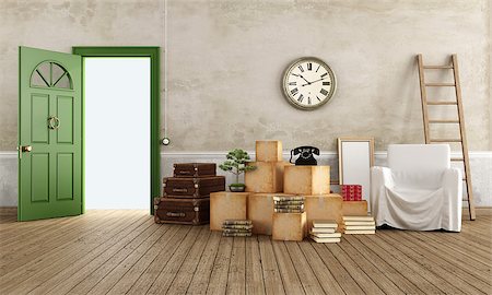 empty suitcase - Vintage interior with cardboard boxes, scale, suitcase, armchair and books, ready for the move - rendering Stock Photo - Budget Royalty-Free & Subscription, Code: 400-07416810