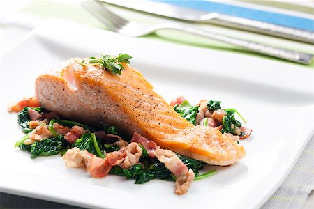 salmon fillet with warm spinach and bacon salad Stock Photo - Budget Royalty-Free & Subscription, Code: 400-07419528