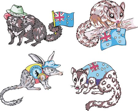 Miscellaneous australian animals with flags. Set of vector illustrations. Stock Photo - Budget Royalty-Free & Subscription, Code: 400-07410035