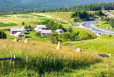 simsearch:400-05719580,k - Summer mountain village outskirts with haystacks on field and road (Carpathian, Ukraine) Photographie de stock - Aubaine LD & Abonnement, Code: 400-07410295