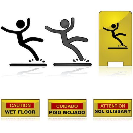 Signs showing a man falling on a wet floor and warning labels in English, Spanish and French Stock Photo - Budget Royalty-Free & Subscription, Code: 400-07410813
