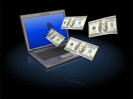 simsearch:700-05452103,k - abstract 3d illustration of laptop computer with flying money Stock Photo - Budget Royalty-Free & Subscription, Code: 400-07424026