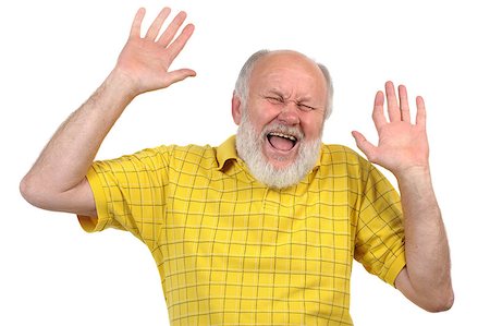 funny old people faces - hands up, smiling senior bald man with mirror, bad teeth Stock Photo - Budget Royalty-Free & Subscription, Code: 400-07424112