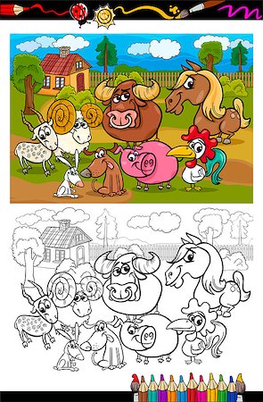 Coloring Book or Page Cartoon Illustration Set of Black and White Farm Animals Characters in Country Scene for Children Stock Photo - Budget Royalty-Free & Subscription, Code: 400-07426327