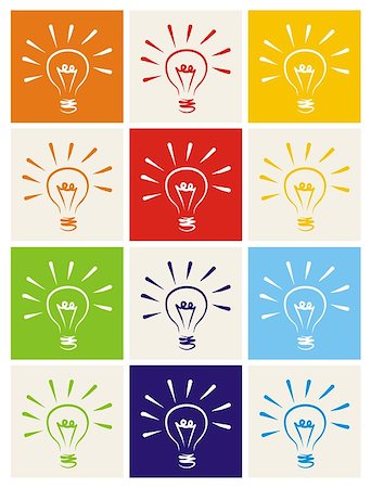 Light bulb vector icon set - hand drawn colorful doodle collection isolated on white with green, blue, dark denim, beige, red, orange and yellow background. Sign of ecology or creative thinking Stock Photo - Budget Royalty-Free & Subscription, Code: 400-07426433