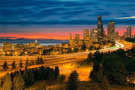 simsearch:400-07424733,k - Seattle Washington City Skyline with Freeway Light Trails After Sunset Stock Photo - Budget Royalty-Free & Subscription, Code: 400-07426831