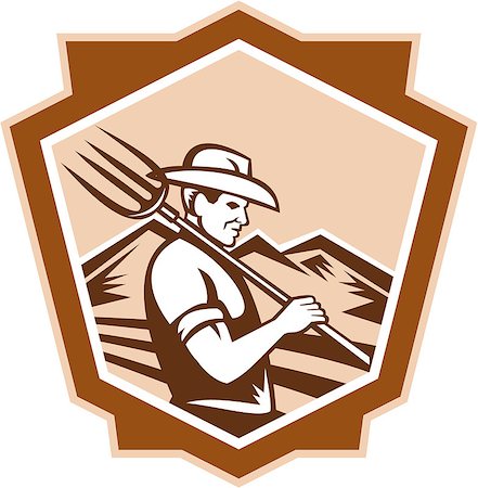 Illustration of organic farmer with pitchfork facing front set inside shield done in retro woodcut style Stock Photo - Budget Royalty-Free & Subscription, Code: 400-07429741