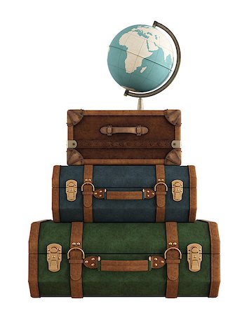 suitcase old - Set of  vintage travel bags with old globe on the top isolated on white - rendering Stock Photo - Budget Royalty-Free & Subscription, Code: 400-07420185