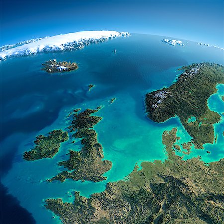 simsearch:400-04875639,k - Highly detailed planet Earth in the morning. Exaggerated precise relief lit morning sun. Detailed Earth. United Kingdom and the North Sea. Elements of this image furnished by NASA Stock Photo - Budget Royalty-Free & Subscription, Code: 400-07420880
