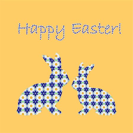 simsearch:400-07424187,k - Silhouette of two Easter bunny rabbits decorated with cornflower and chamomile flowers pattern. Design Easter colorful card. Vector-art illustration Photographie de stock - Aubaine LD & Abonnement, Code: 400-07421888