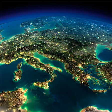 Highly detailed Earth, illuminated by moonlight. The glow of cities sheds light on the detailed exaggerated terrain. A piece of Europe - Italy and Greece. Elements of this image furnished by NASA Foto de stock - Super Valor sin royalties y Suscripción, Código: 400-07423078