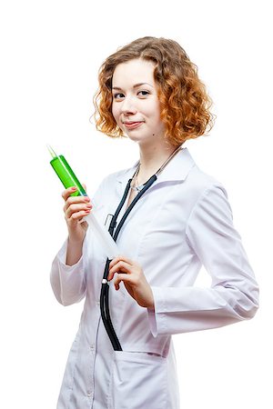 cute redhead doctor in lab coat with syringe isolated on white background Stock Photo - Budget Royalty-Free & Subscription, Code: 400-07430073