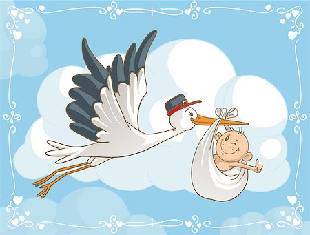 Vector cartoon of a cute stork carrying a baby to its destination. File type: vector EPS AI8 compatible. Foto de stock - Super Valor sin royalties y Suscripción, Código: 400-07430095