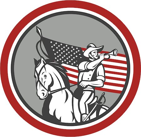 Illustration of an American cavalry soldier riding horse on blowing a bugle set inside circle with USA stars and stripes flag in background done in retro style. Stock Photo - Budget Royalty-Free & Subscription, Code: 400-07430650