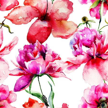 peony art - Seamless pattern with Lily and Peony flowers illustration, watercolor painting Stock Photo - Budget Royalty-Free & Subscription, Code: 400-07444708