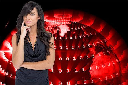 Pensive elegant dark haired model posing with finger on her cheek against global technology background Stock Photo - Budget Royalty-Free & Subscription, Code: 400-07447126