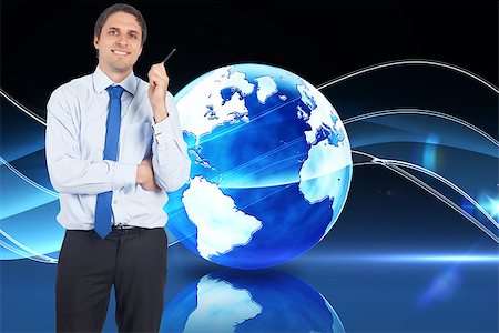Thinking businessman holding pen against digital earth background Stock Photo - Budget Royalty-Free & Subscription, Code: 400-07447458