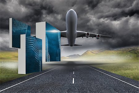 Digital city on abstract screen against 3d plane taking off over street Stock Photo - Budget Royalty-Free & Subscription, Code: 400-07448802