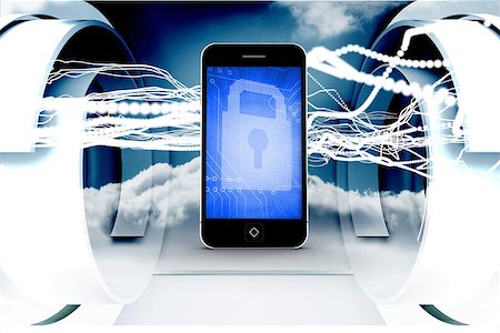 Blue lock on smartphone screen against white lines with cloud design on a futuristic structure Stock Photo - Budget Royalty-Free & Subscription, Code: 400-07449022