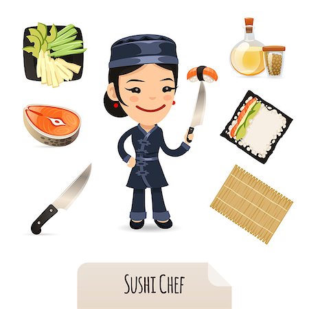 food specialist - Female Sushi Chef Icons Set. In the EPS file, each element is grouped separately. Isolated on white background. Photographie de stock - Aubaine LD & Abonnement, Code: 400-07464609