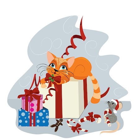 Cute Christmas cat and mouse Stock Photo - Budget Royalty-Free & Subscription, Code: 400-07465943