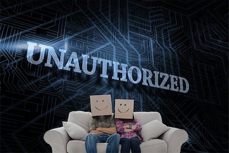 The word unauthorized and silly employees with arms folded wearing boxes on their heads against futuristic black and blue background Stock Photo - Budget Royalty-Free & Subscription, Code: 400-07468858