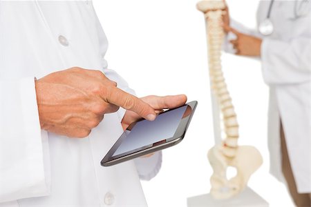 Close-up mid section of female doctor using digital table and colleague by skeleton model over white background Stock Photo - Budget Royalty-Free & Subscription, Code: 400-07476233