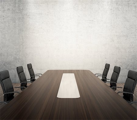 3D render of meeting room with wooden table and black armchairs next to the wall with spotlights Stock Photo - Budget Royalty-Free & Subscription, Code: 400-07477789