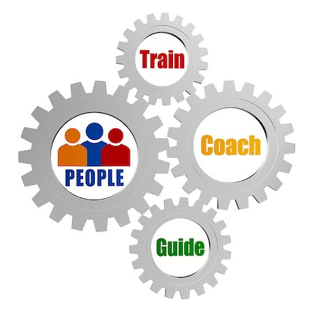 people signs with train, coach and guide - words in 3d silver grey metal gear wheels, business teamwork education concept words Stock Photo - Budget Royalty-Free & Subscription, Code: 400-07477887