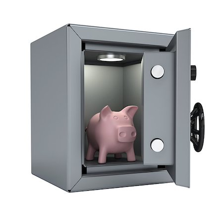 simsearch:400-05913816,k - Piggy bank in an open metal safe. Piggy illuminated lamp. Isolated render on a white background Stock Photo - Budget Royalty-Free & Subscription, Code: 400-07470146