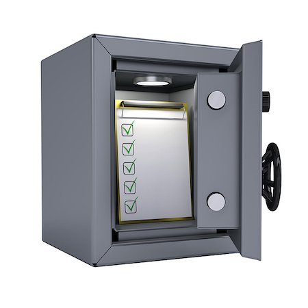 simsearch:400-05913816,k - Checklist in an open metal safe. Checklist illuminated lamp. Isolated render on a white background Stock Photo - Budget Royalty-Free & Subscription, Code: 400-07470149
