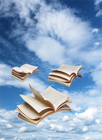 simsearch:700-00150473,k - Three open books flying on blue sky background fantasy Stock Photo - Budget Royalty-Free & Subscription, Code: 400-07473068