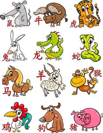 Cartoon Illustration of All Chinese Zodiac Horoscope Signs Set Stock Photo - Budget Royalty-Free & Subscription, Code: 400-07485346