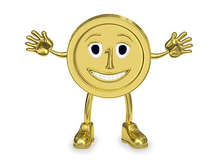 simsearch:400-04365987,k - Golden coin represented as a smiling cartoon character with raised arms rendered with soft shadows on white background Photographie de stock - Aubaine LD & Abonnement, Code: 400-07485416