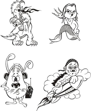 Comic creatures. Black and white vector illustration in cartoon style. Stock Photo - Budget Royalty-Free & Subscription, Code: 400-07505074