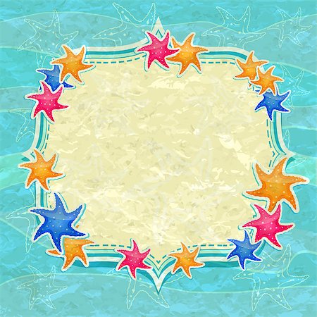 simsearch:400-06857057,k - Retro Caribbean Colorful Starfish and Label on Blue Background. Vector Cartoon Marine Invitation Card Stock Photo - Budget Royalty-Free & Subscription, Code: 400-07506601