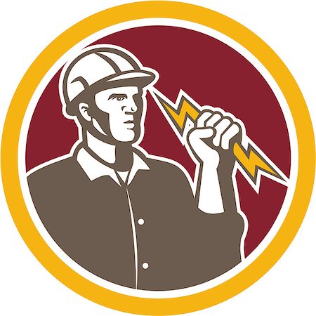 simsearch:400-08629141,k - Illustration of an electrician construction lineman worker holding a lightning bolt set inside circle done in retro style on isolated white background. Stock Photo - Budget Royalty-Free & Subscription, Code: 400-07507847