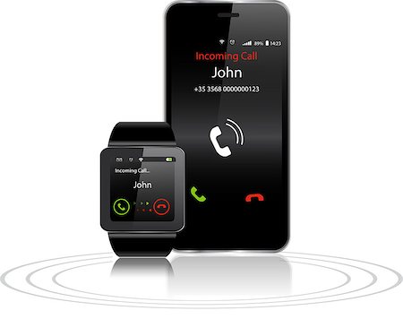 Black Touchscreen Smartwatch and Smartphone with incoming call on display Stock Photo - Budget Royalty-Free & Subscription, Code: 400-07509401