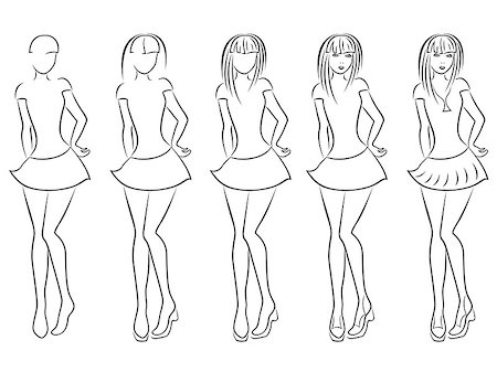 simsearch:400-08573669,k - Attractive young women vector contour in hand drawing sequence with five steps. Model of each stage can be used as a self-contained image Stock Photo - Budget Royalty-Free & Subscription, Code: 400-07509649