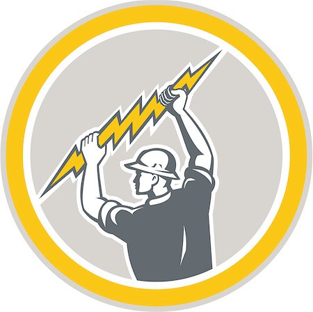 simsearch:400-08629141,k - Illustration of an electrician construction worker holding a lightning bolt set inside circle done in retro style on isolated white background. Stock Photo - Budget Royalty-Free & Subscription, Code: 400-07500304