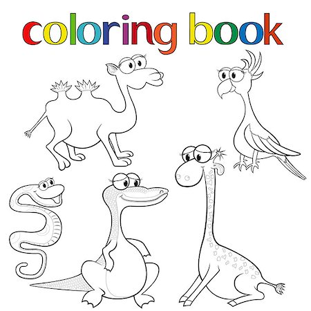 Set of animals for coloring book with giraffe, parrot, camel, boa, crocodile and camel, cartoon vector illustration Stock Photo - Budget Royalty-Free & Subscription, Code: 400-07502956
