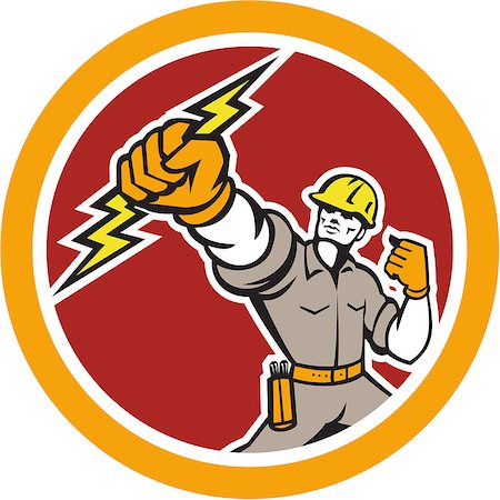 simsearch:400-08629141,k - Illustration of an electrician construction worker power lineman wielding holding a lightning bolt set inside circle done in retro style on isolated white background. Stock Photo - Budget Royalty-Free & Subscription, Code: 400-07503777