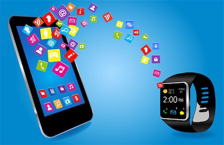 Smartwatch and Smart phone with colorful Application Icons sharing Stock Photo - Budget Royalty-Free & Subscription, Code: 400-07515846
